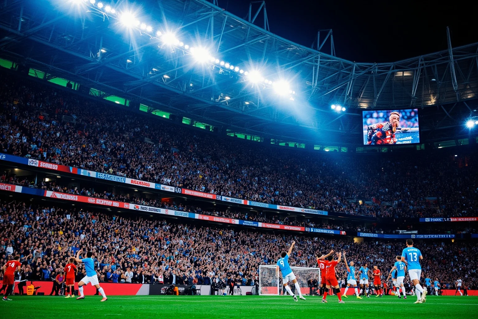 A packed soccer stadium with a giant scoreboard showing an impossible aggregate score reversal, fans in blue and red erupting in celebration