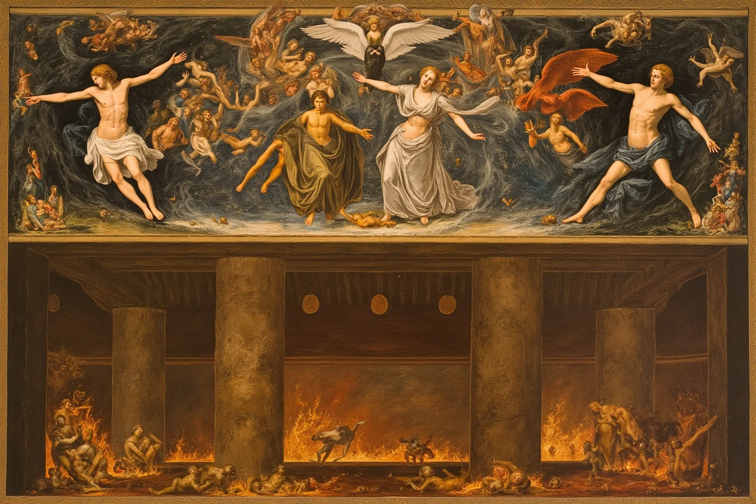 22 Creepiest Pieces of Medieval Art (And the Strange History Behind Them) 10 A painted altarpiece panel split between serene dancing figures above and cramped, fiery torture chambers below