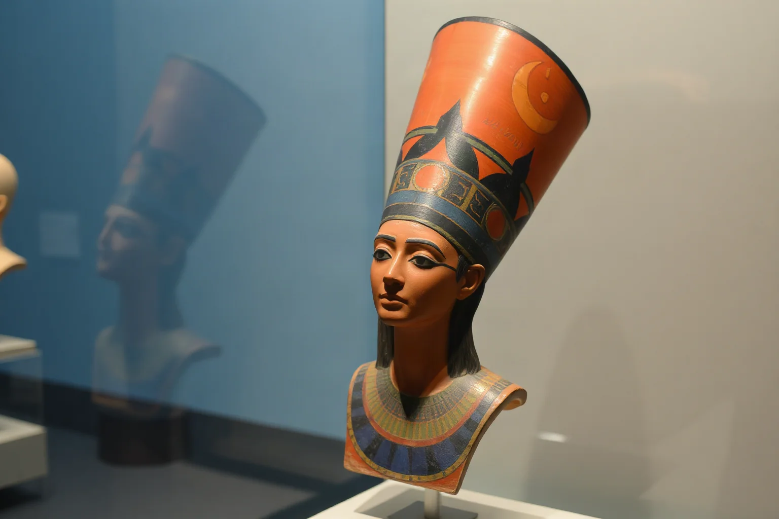 A painted ancient Egyptian queen's bust with a tall headdress, displayed in a museum case