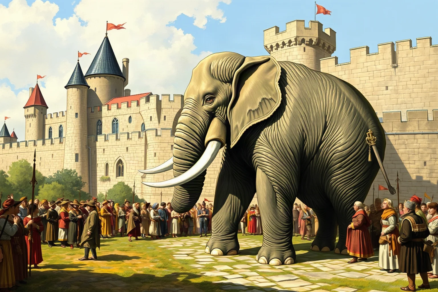 A painted illustration of a large elephant standing beside a medieval European castle wall, crowds of onlookers in period dress