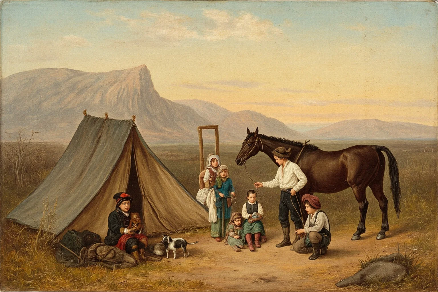 25 Little-Known Facts About Genghis Khan, the Brutal Ruler 4 A painted-style scene of a poor nomadic family surviving in the wilderness with tents and horses