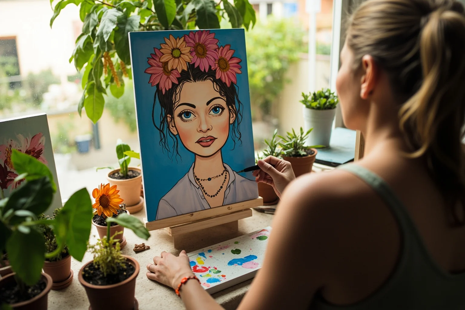Most Interesting People in History: 22 Figures Who Shaped the World 21 A painter with flowers in her hair working on a vivid self-portrait in a sunlit studio filled with plants, illustrative style