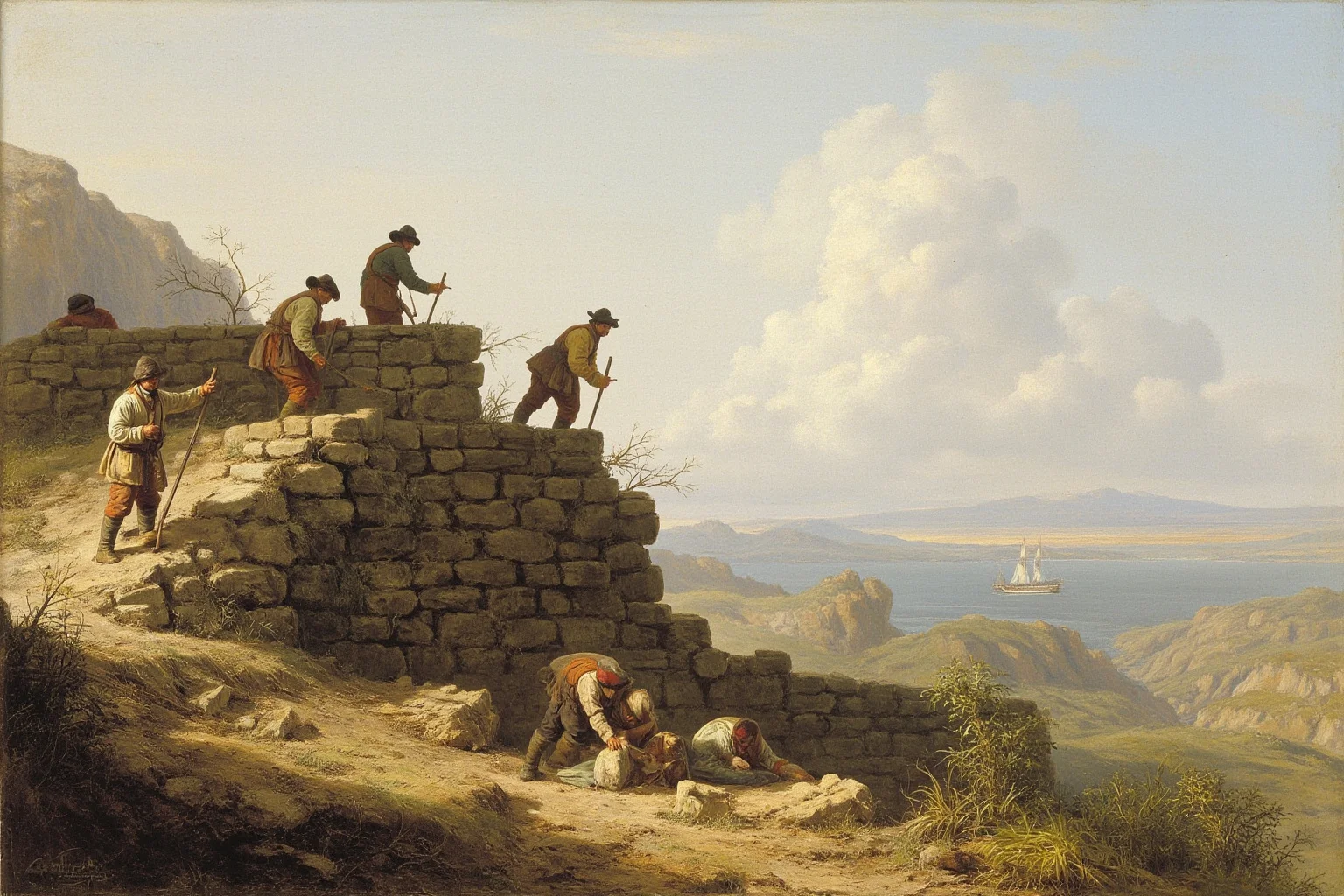 Galileo, Harvard, and 20 Other Unlikely Simultaneous Historical Events 8 A painterly illustration of stone wall builders on a mountain ridge with a distant sailing ship on the horizon