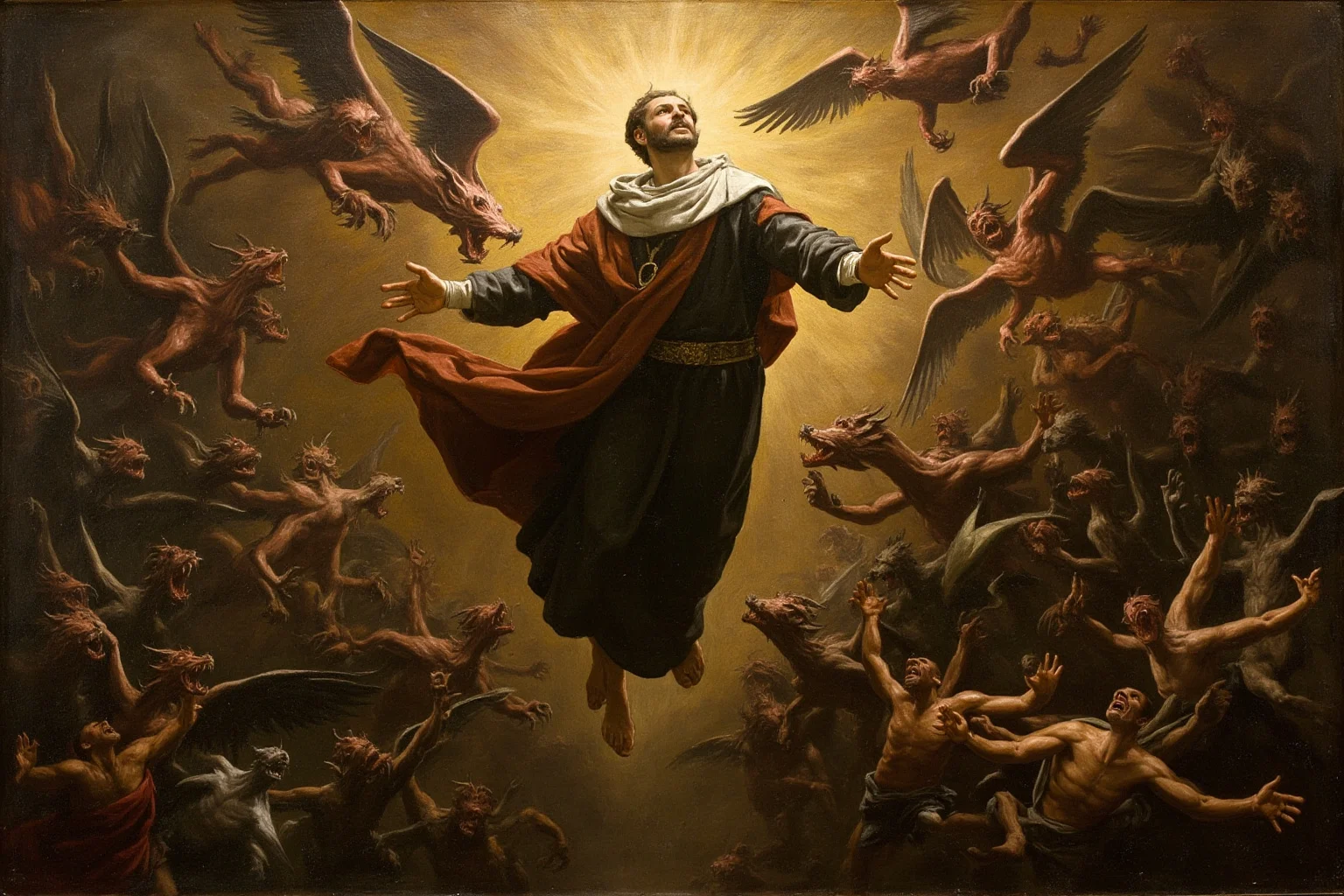 22 Creepiest Pieces of Medieval Art (And the Strange History Behind Them) 16 A painting of a robed saint being lifted into the air by a swarm of winged, clawed demonic creatures