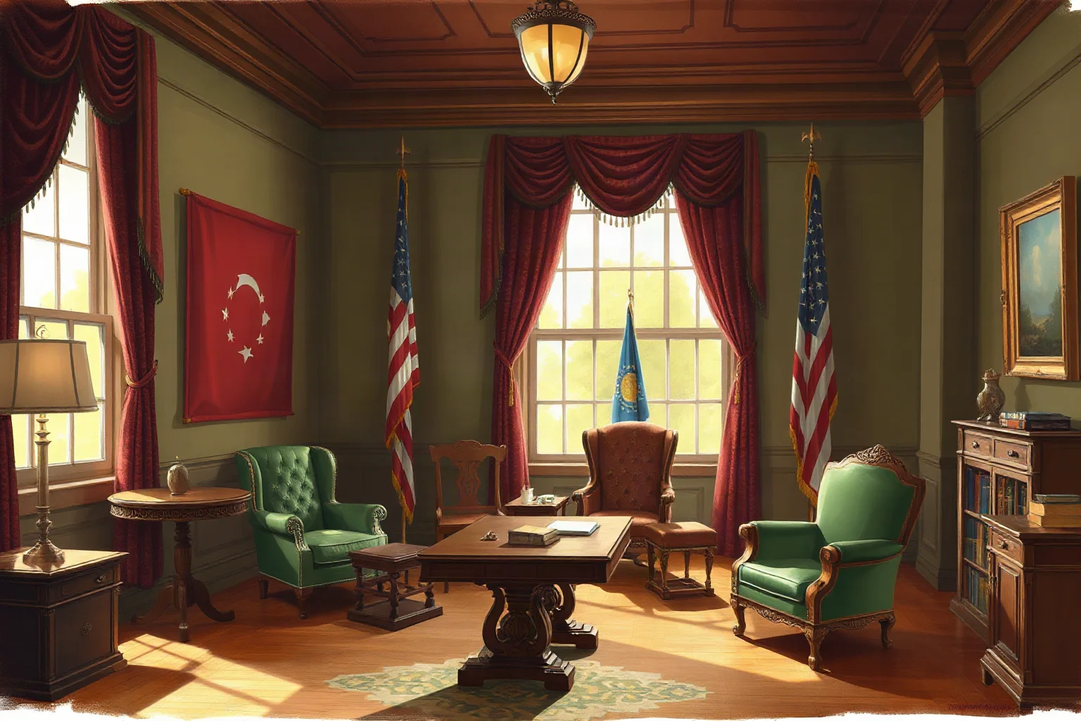 A painting-style illustration of a stately 1890s governor's office with an Ohio state flag and formal furniture