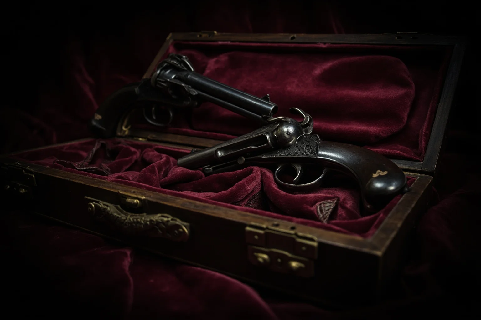 A pair of antique dueling pistols in a wooden case resting on velvet fabric, moody historical still life