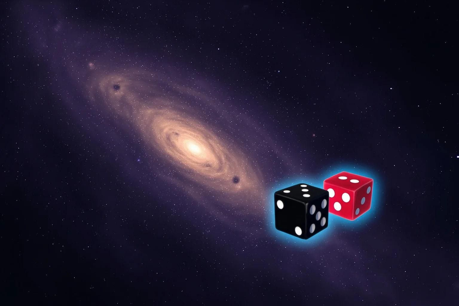 Words of Wisdom: 20 of Albert Einstein's Greatest Quotes 6 A pair of dice glowing faintly beside a swirling cosmic nebula illustration