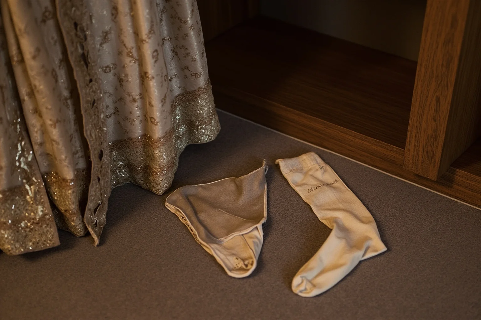 A pair of elegant silk stockings laid out beside a Tudor-era gown in a royal dressing room