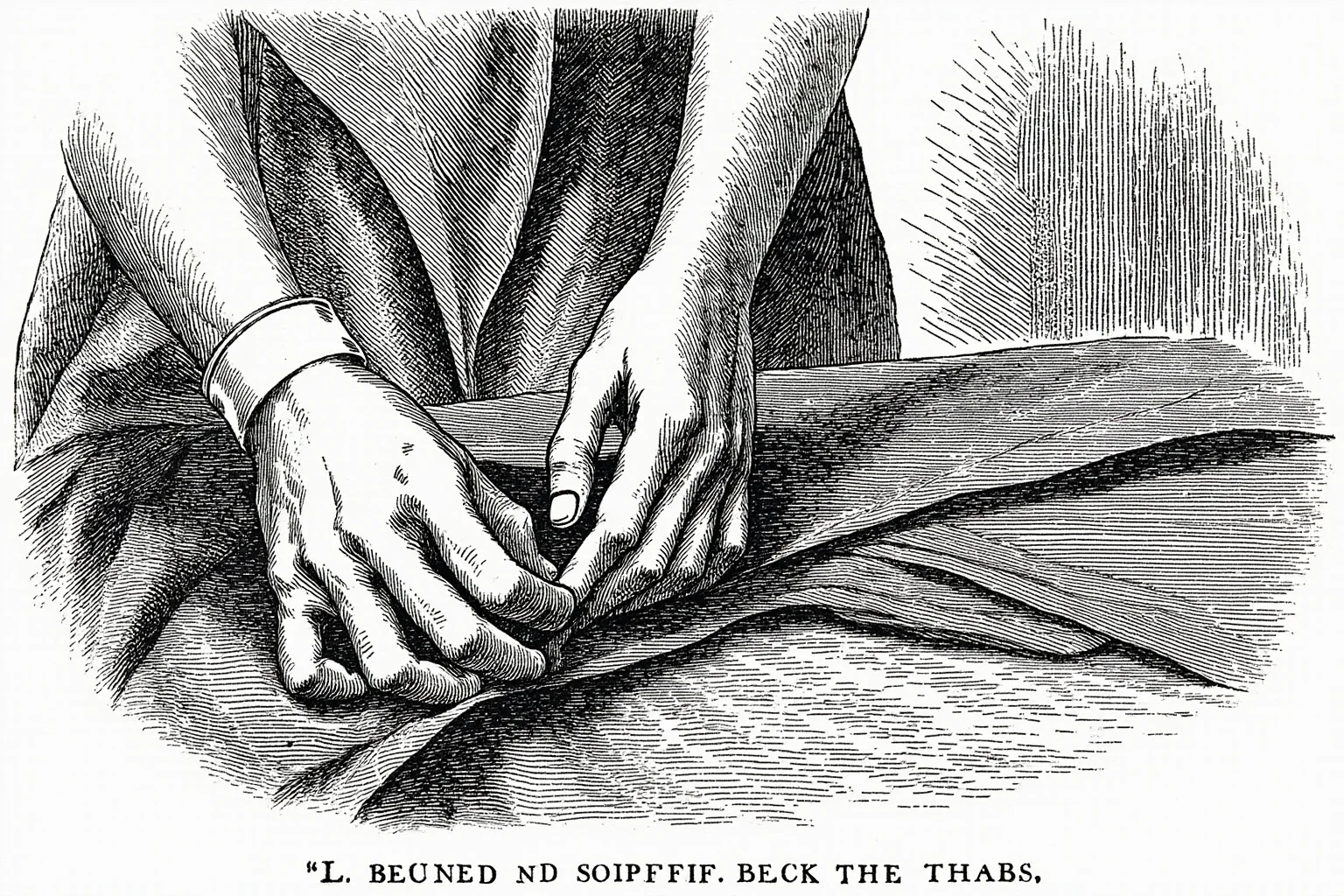 A pair of hands measuring cloth with a thumb against fabric, old-fashioned tailor's workshop illustration representing 'rule of thumb'