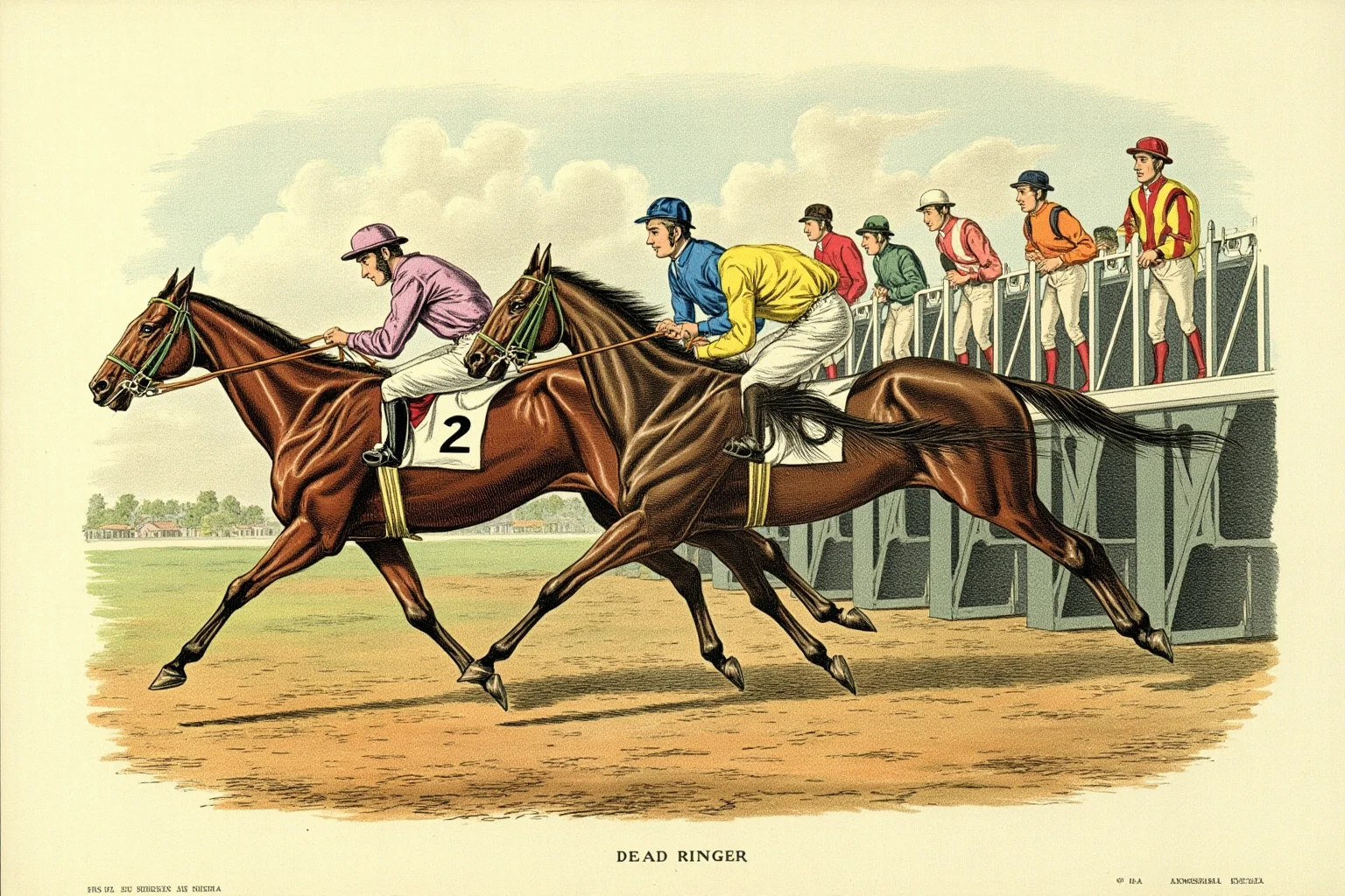 A pair of identical racehorses at a starting gate, vintage horse-racing illustration representing the idiom 'dead ringer'