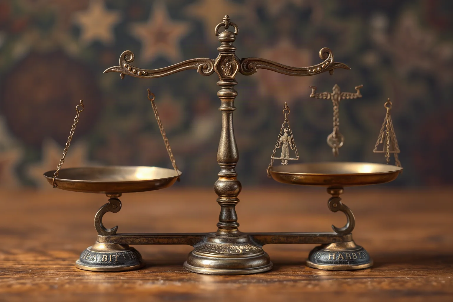 A pair of old apothecary scales balancing pleasure and habit symbols, representing the historical word 'Addiction'