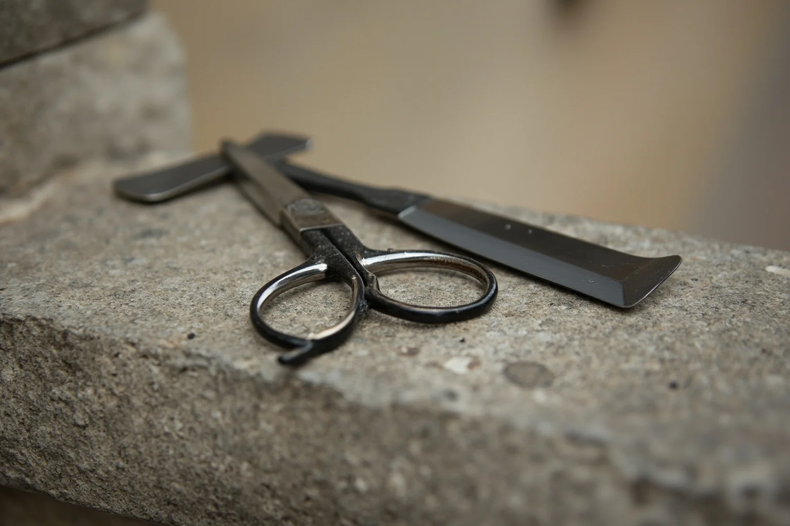 Brutal Forms of Public Humiliation Throughout History 17 A pair of old barber scissors and a straight razor resting on a stone ledge, symbolic historical illustration