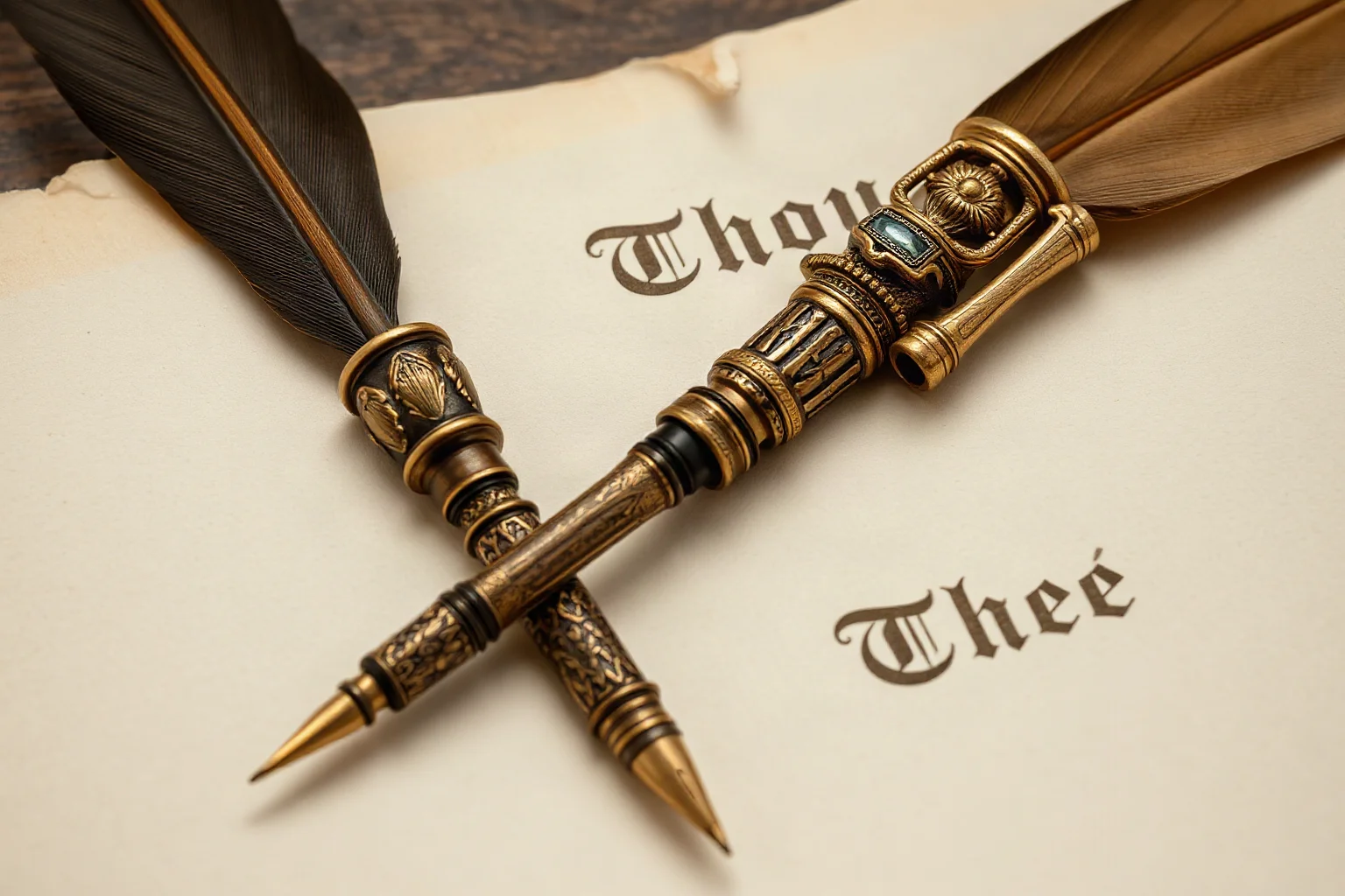 A pair of ornate antique quill pens crossed over a parchment labeled with old English pronouns like Thou and Thee