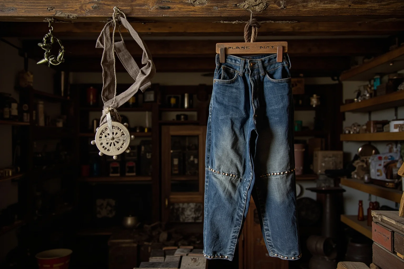 A pair of rugged 19th century riveted denim work trousers hanging in an old mining supply store