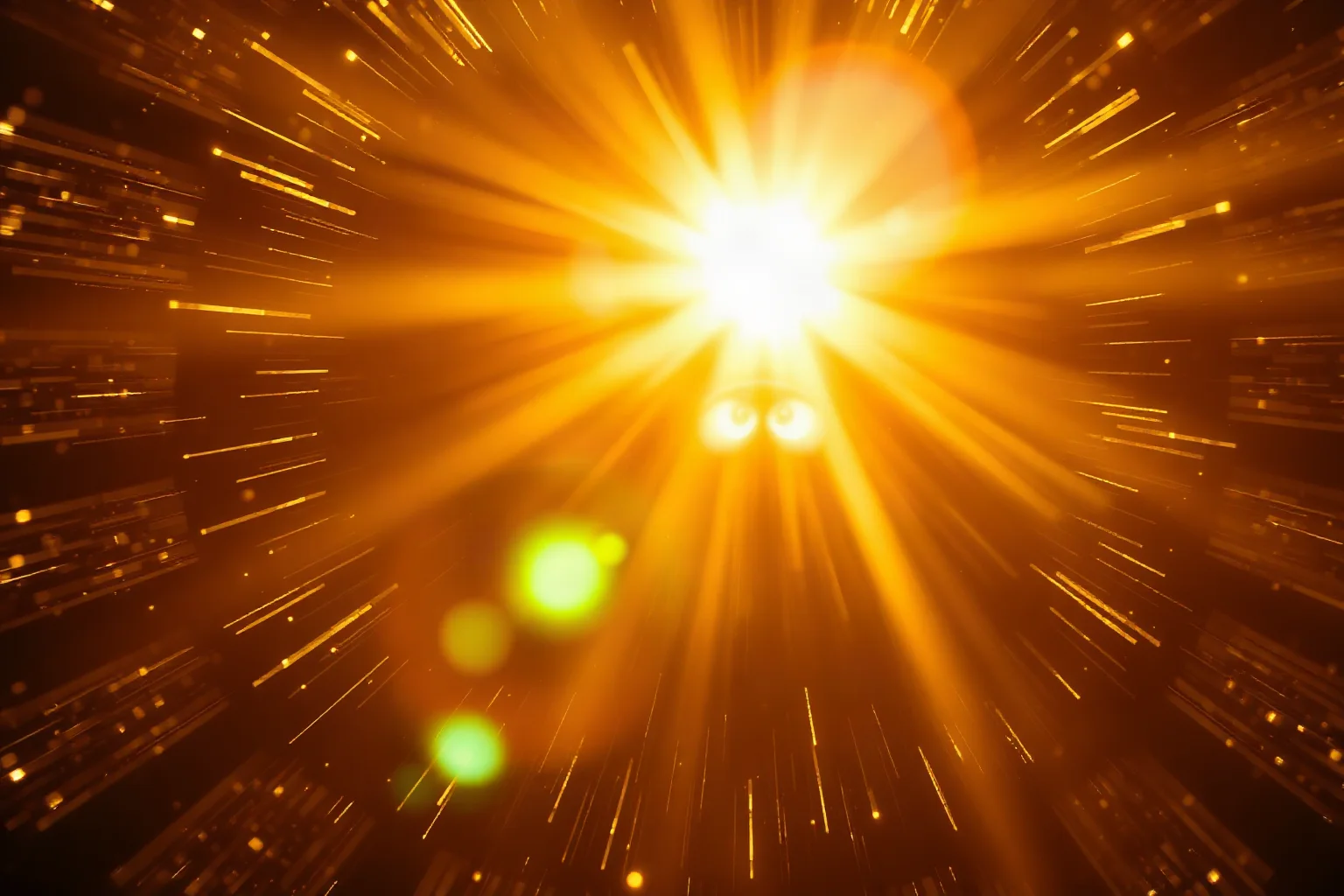 A pair of sparkling sunlit eyes glimpsed through a golden sunburst pattern, representing 'Bedazzled'