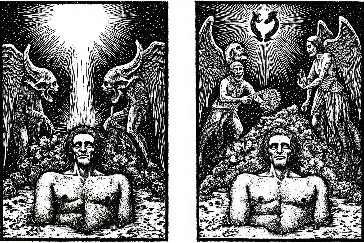 22 Creepiest Pieces of Medieval Art (And the Strange History Behind Them) 18 A pair of stark black-and-white woodcut style illustrations showing a dying man flanked by demons on one side and angels on the other