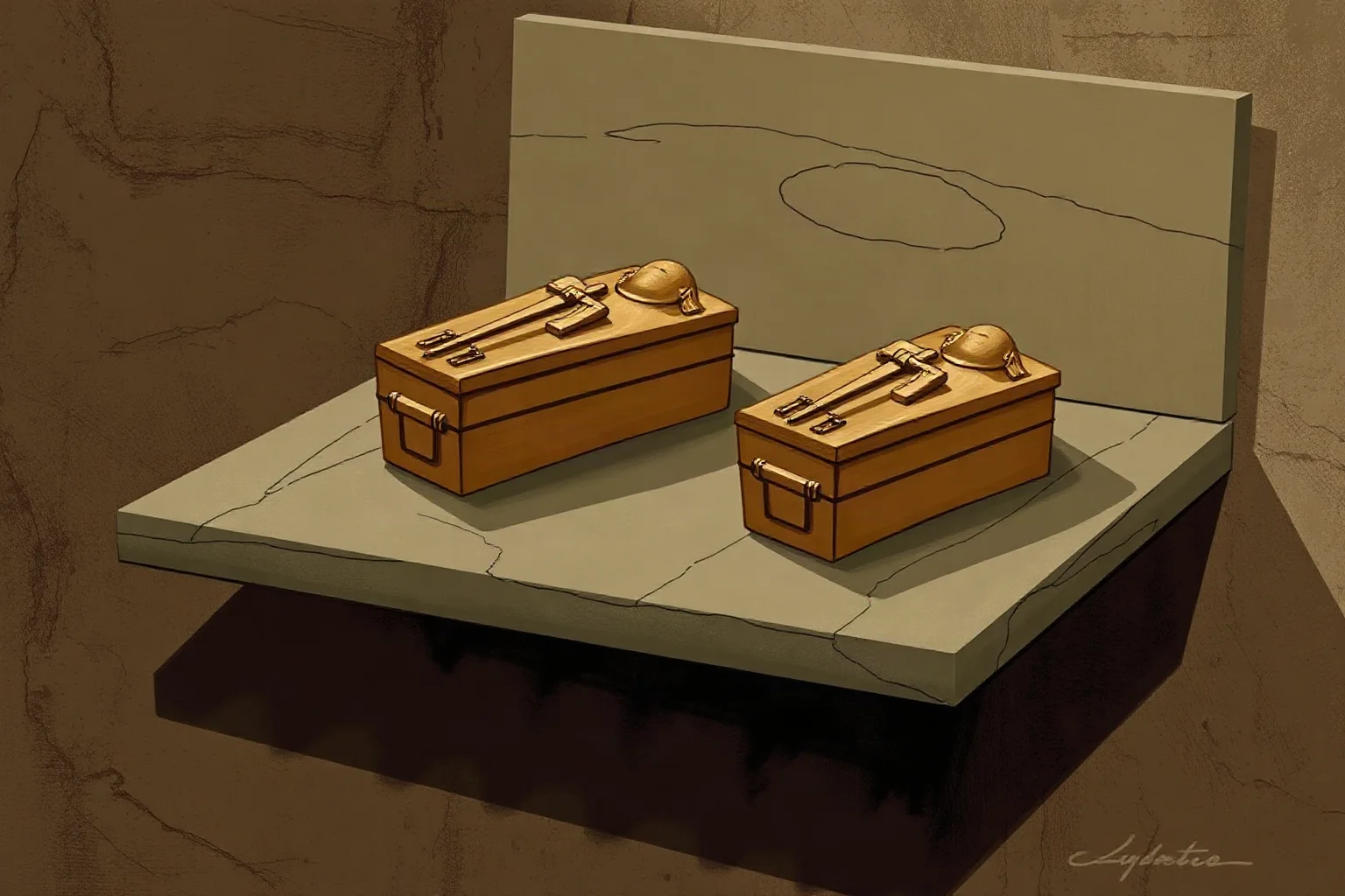 A pair of tiny ancient Egyptian miniature coffins resting on a stone shelf, somber illustrative style