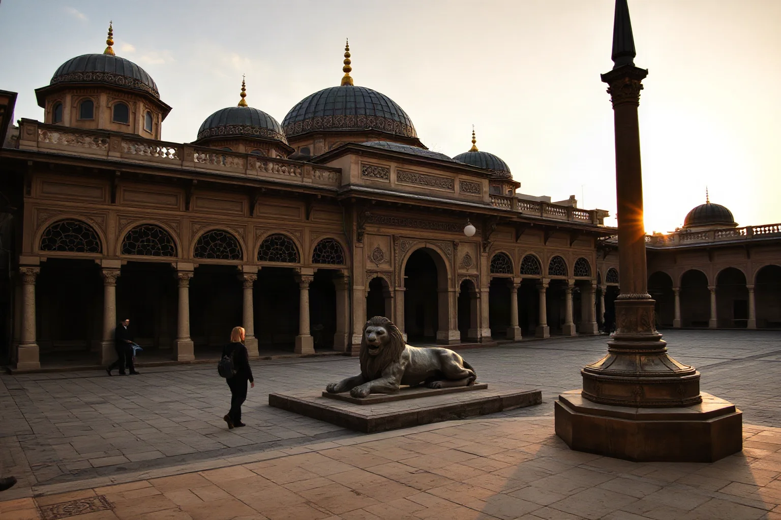 A palace courtyard with ornate domes and a stone lion enclosure, Ottoman architectural motifs, warm sunset lighting