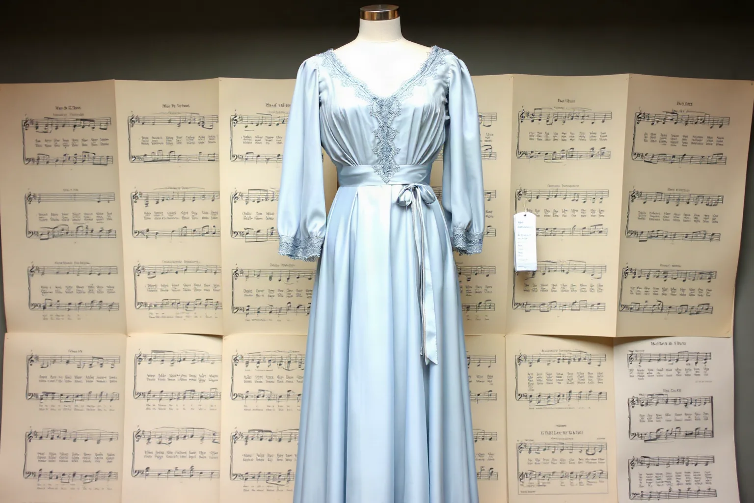A pale blue Edwardian gown displayed elegantly, with sheet music in the background, soft illustration