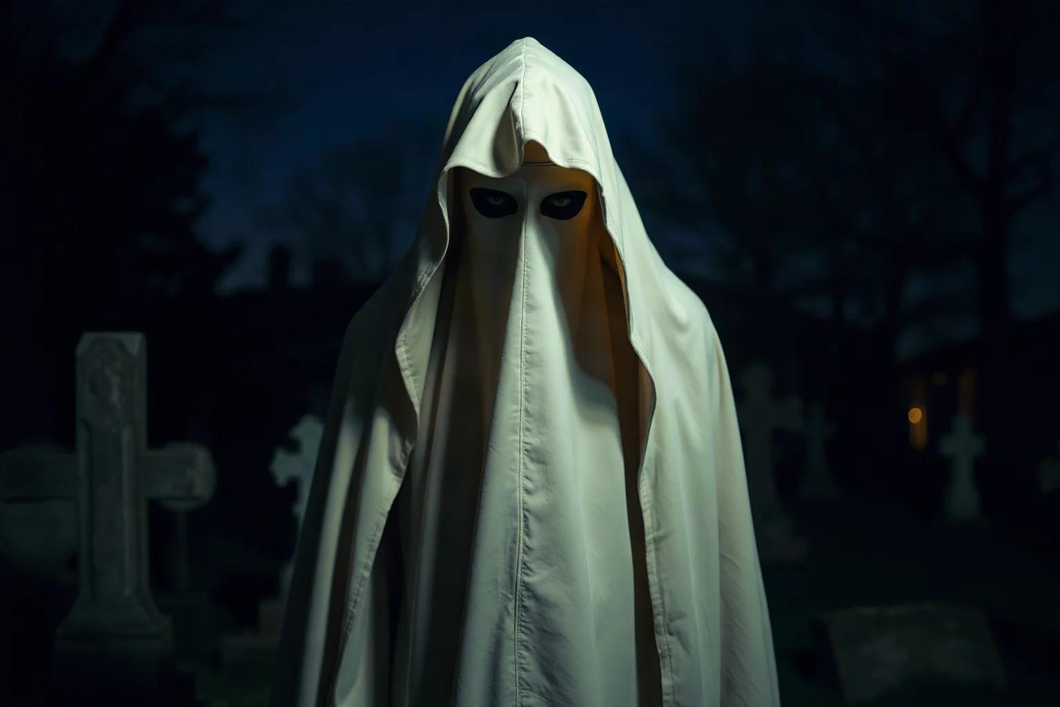 A pale cloaked figure with sharp features standing in an old Eastern European graveyard at night