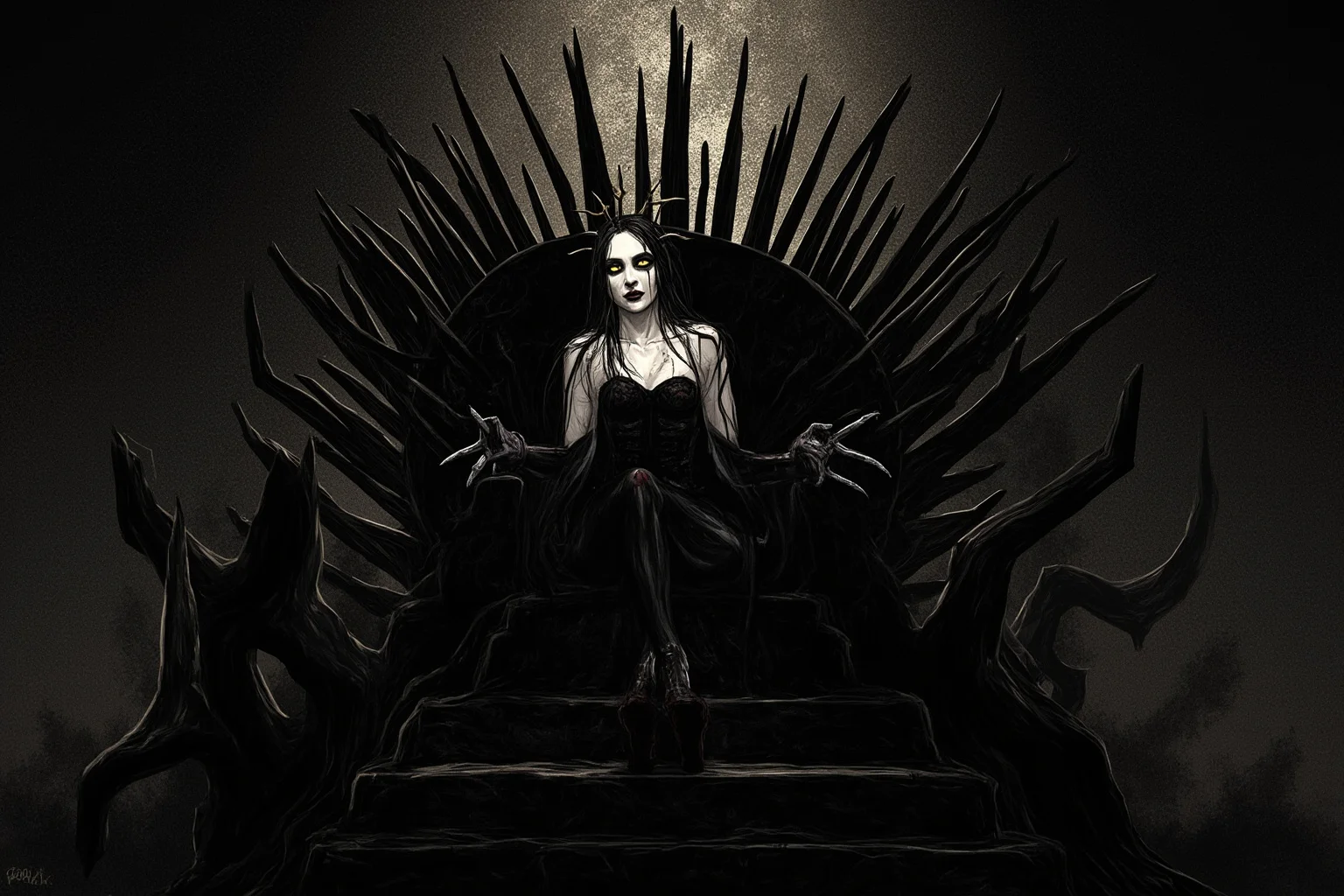 From Thor to Loki: 20 Gods, Goddesses, and Heroes of Norse Mythology 16 A pale, dual-toned queen of the underworld seated on a shadowy throne, half her figure in light and half in darkness, gothic fantasy illustration