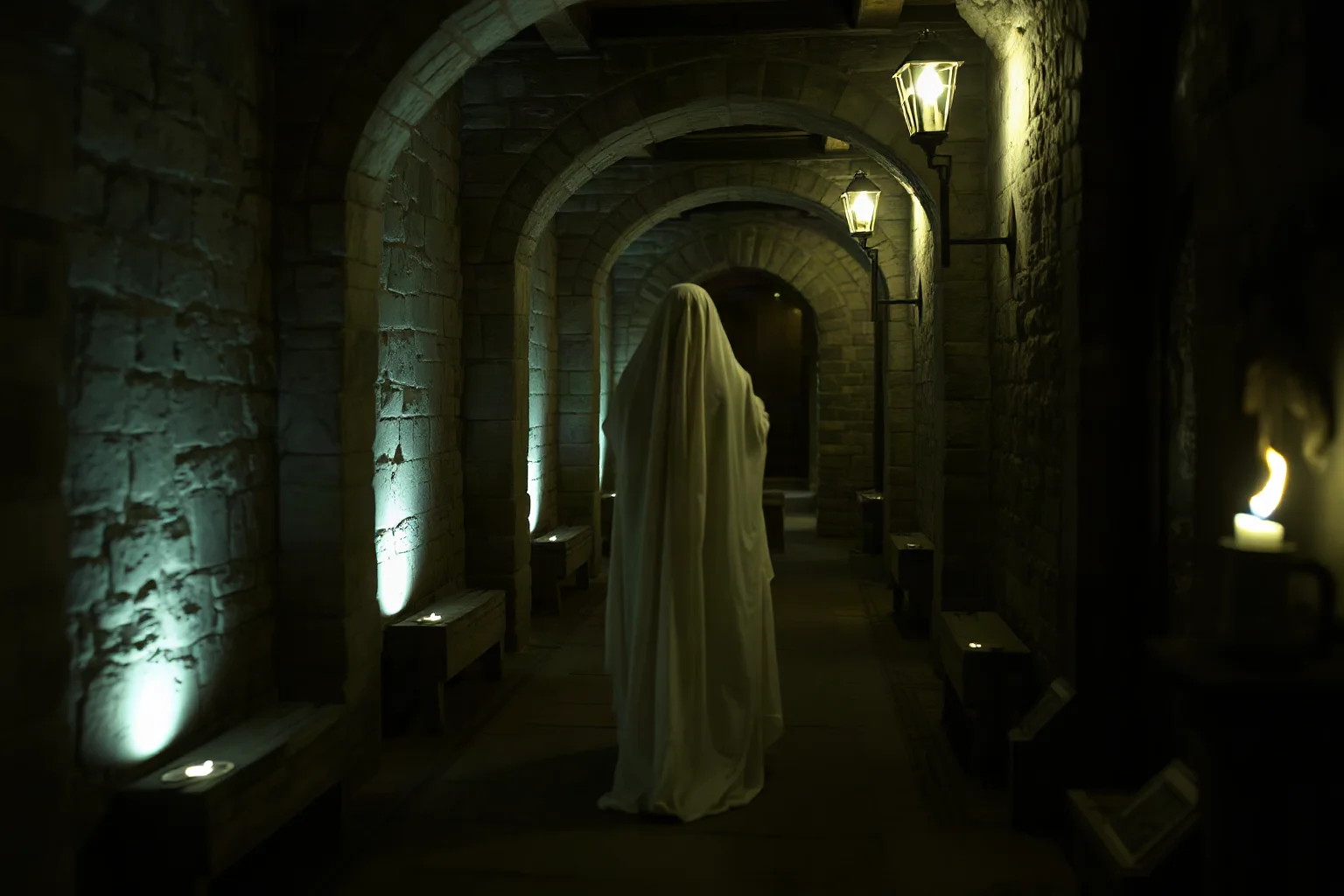A pale ghostly figure in a historic royal gown walking through a stone castle corridor lit by flickering torchlight