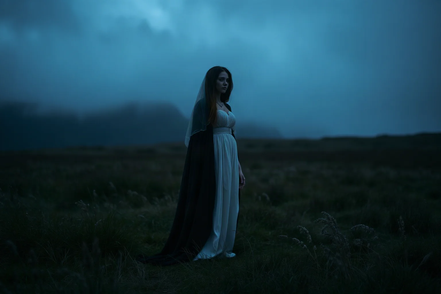 A pale ghostly woman in flowing robes standing on a misty Irish moor at night