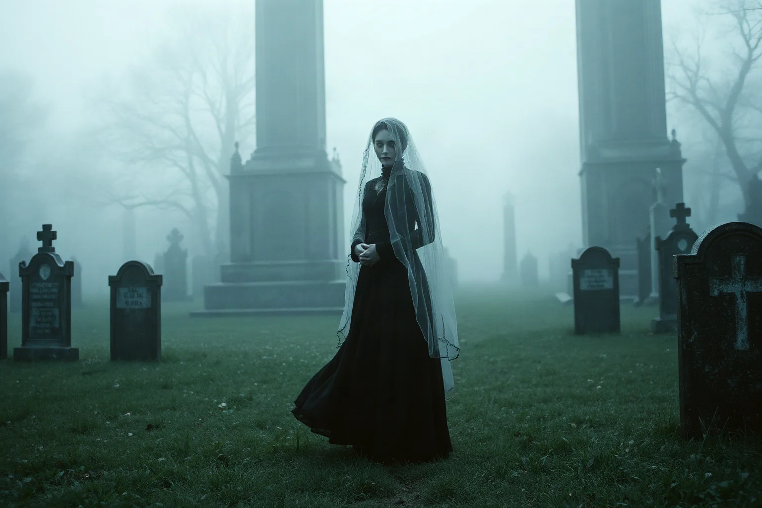 A pale sorrowful woman in a long black Victorian dress and veil standing alone in an old foggy graveyard