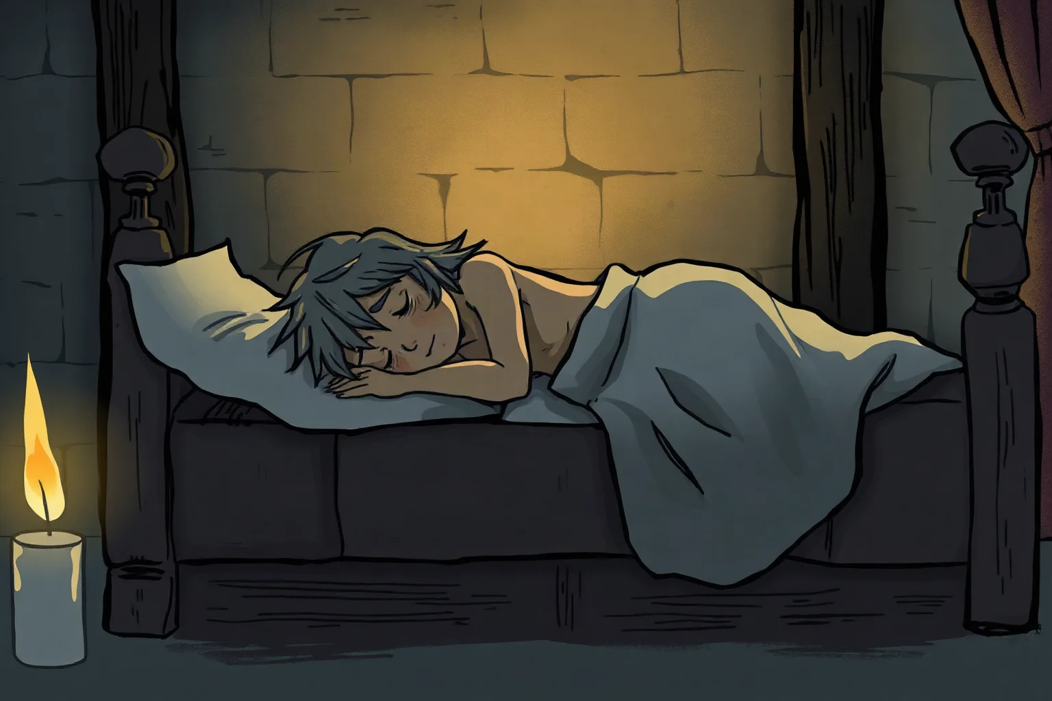 A pale, weary child figure resting on a simple medieval bed, candlelight, somber illustrative style, non-photorealistic