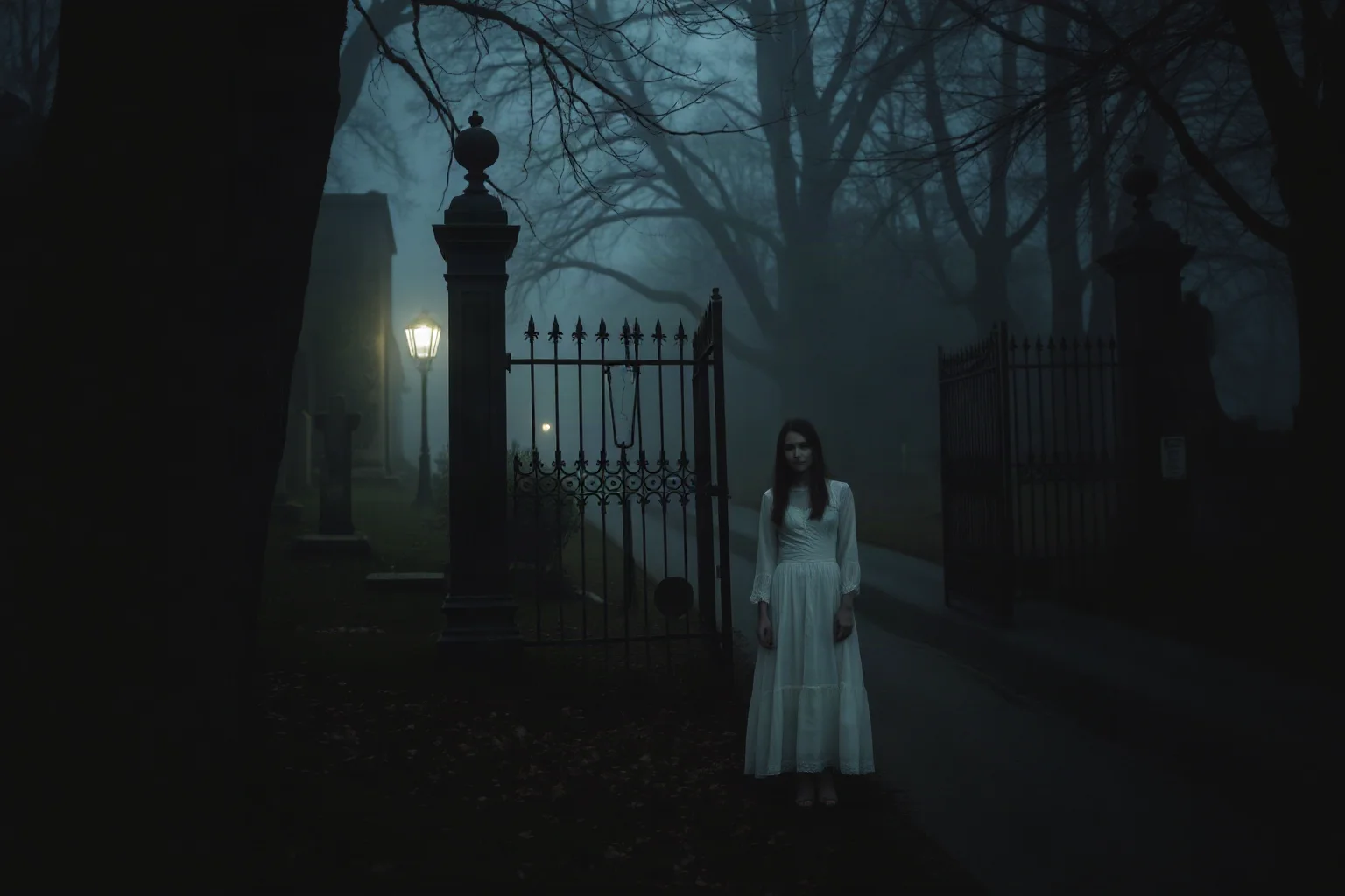 A pale woman in a vintage white dress standing beside a foggy roadside near old cemetery gates at night