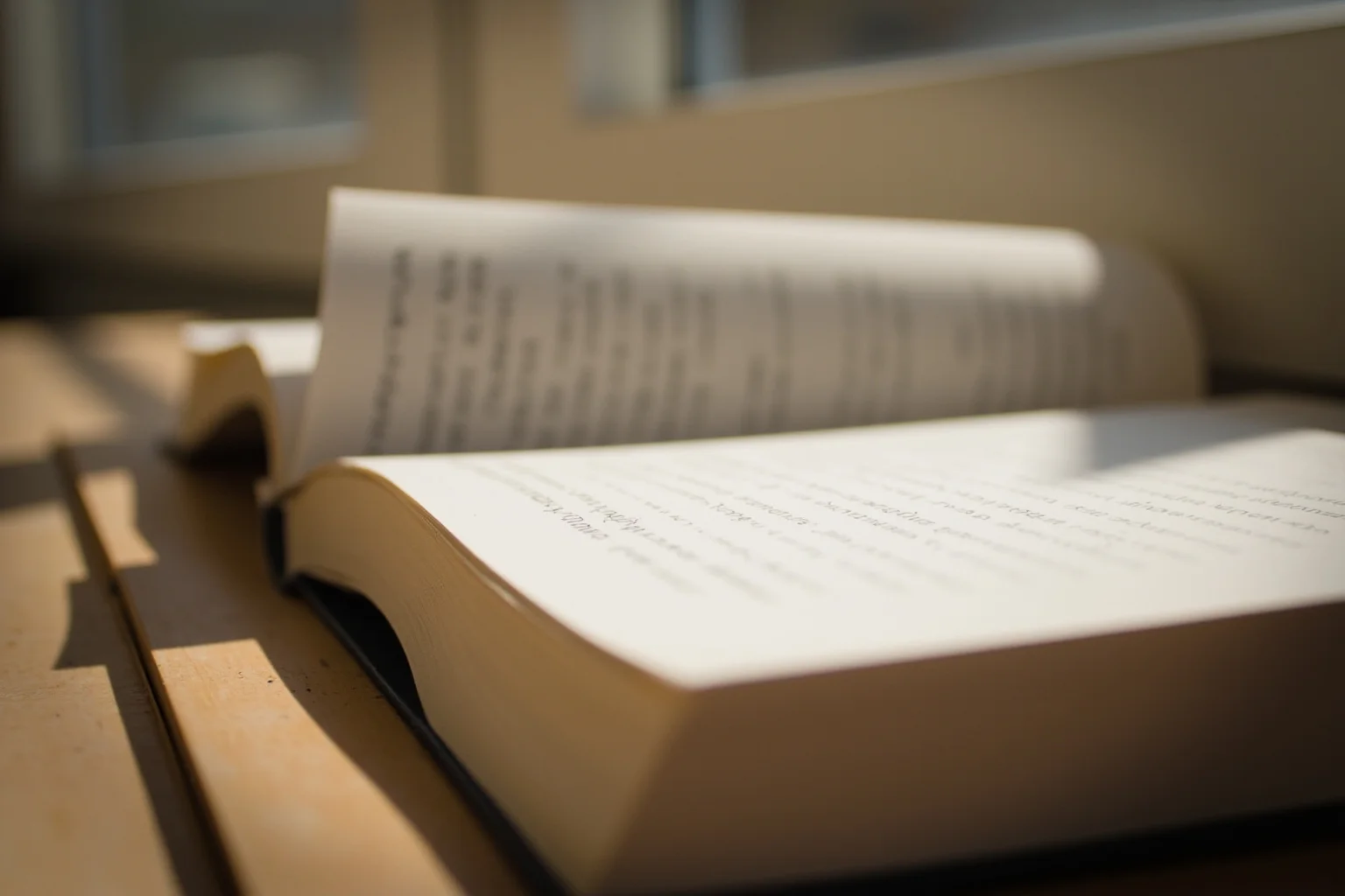 A paperback novel resting on a wooden school desk with soft window sunlight