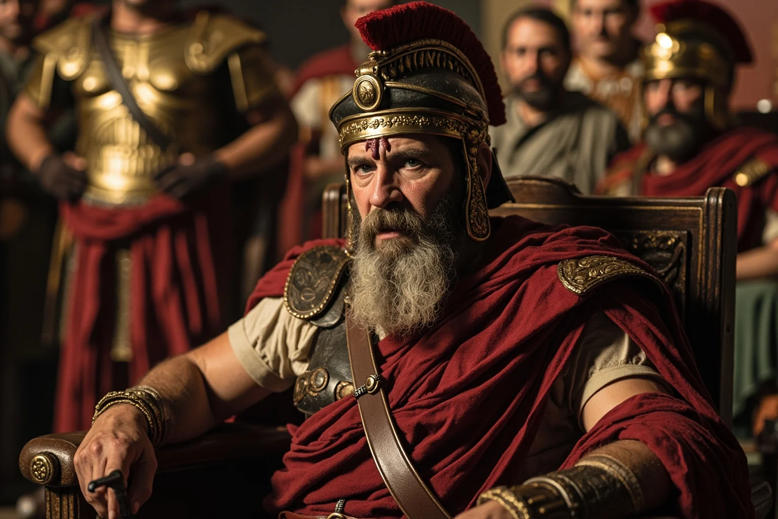 A paranoid Roman emperor seated on a throne surrounded by soldiers and informants, displaying suspicion and issuing harsh judgment