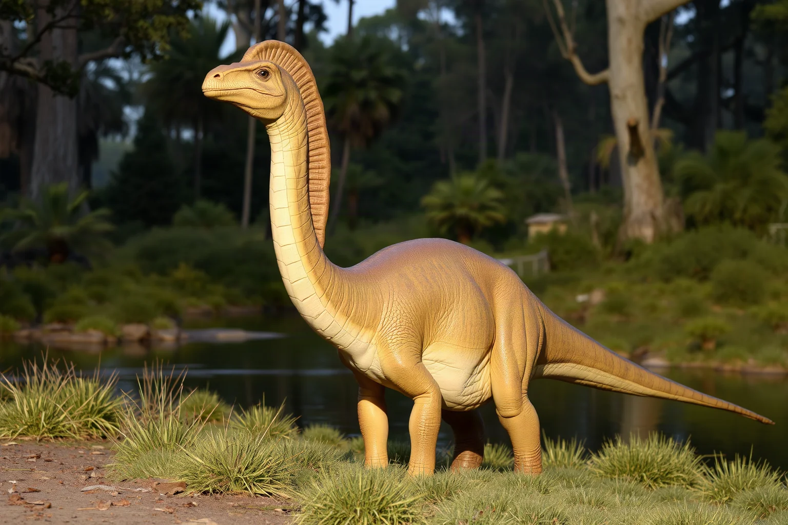 A Parasaurolophus with a long curved head crest standing near a Cretaceous riverbank