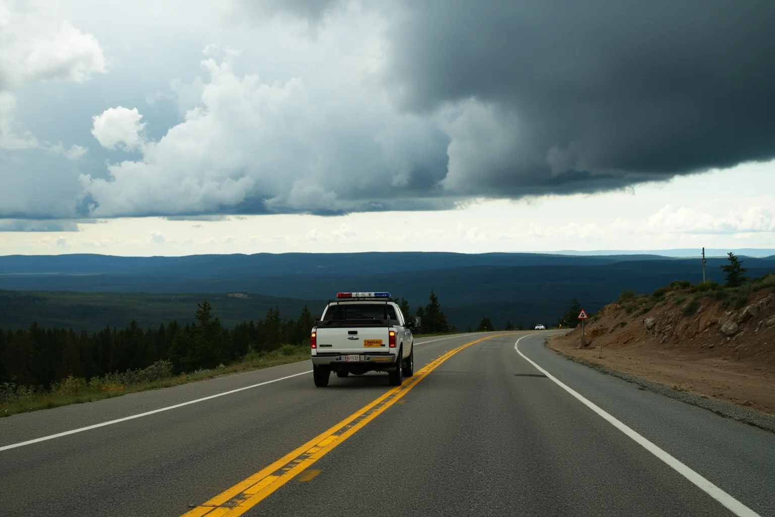 The Human Lightning Rod: The Man Who Was Struck Seven Times 7 A park ranger's truck driving along a scenic overlook road with storm clouds building ahead