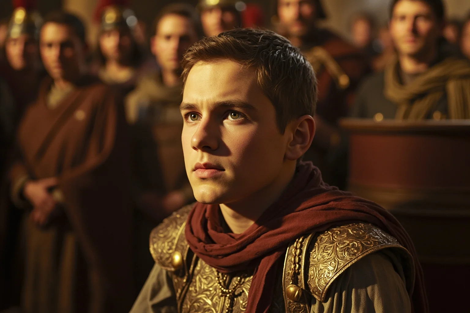 A passive teenage emperor in formal dress watching helplessly as capable generals defend and his general is executed, set during the sack of Rome