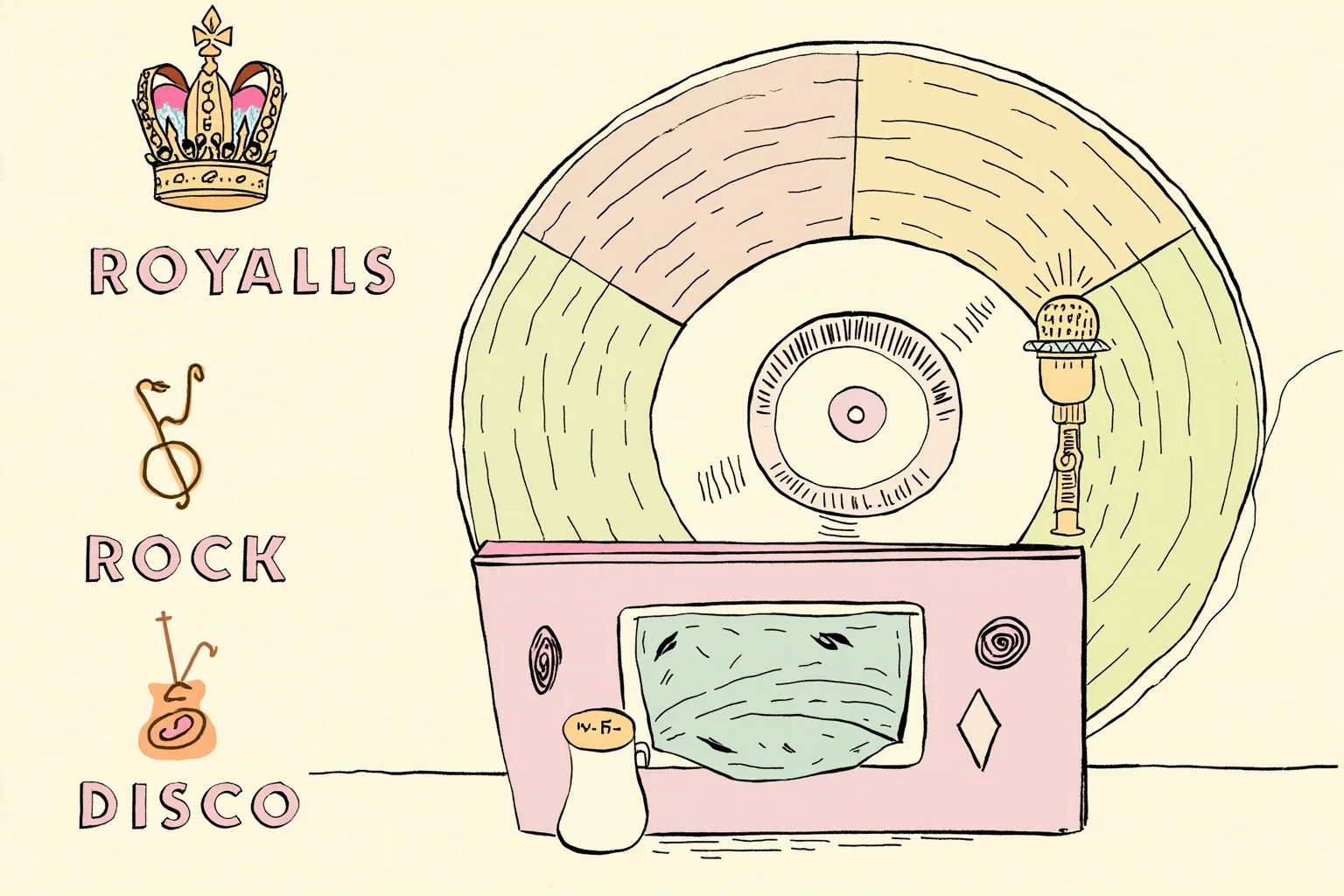 Historical Figures That Were Shockingly Born In The Same Year 6 A pastel 1940s-style illustration representing royalty, film, rock music, and disco, featuring a crown, a microphone, and a spinning vinyl record