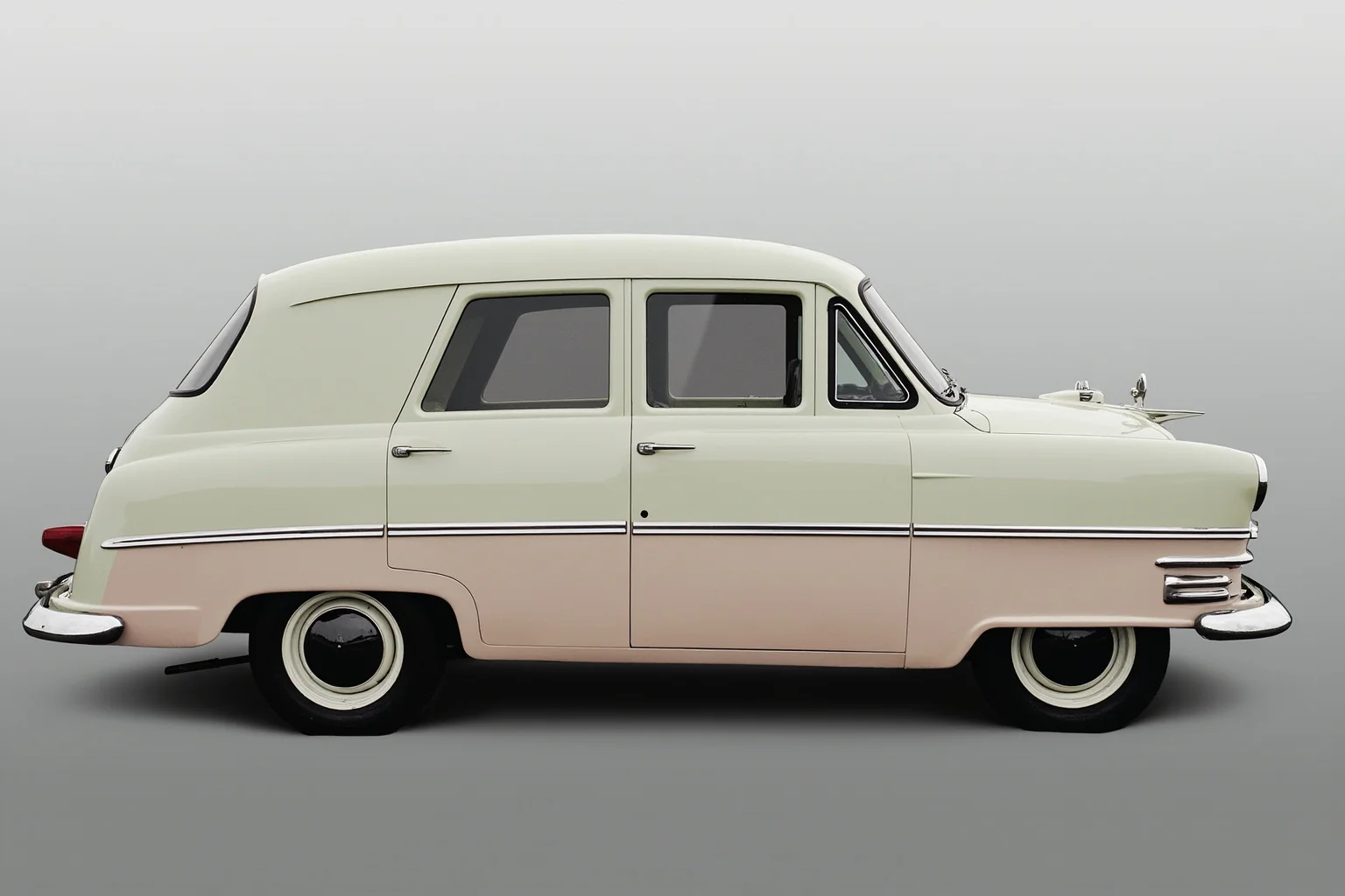 A pastel-colored 1950s personal luxury coupe with a hardtop roof and chrome side trim