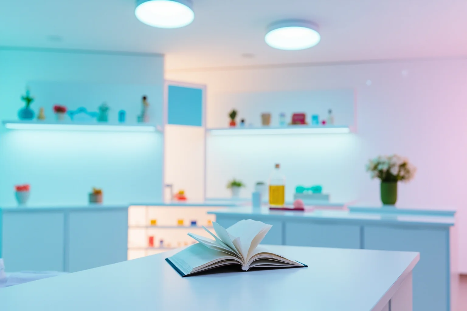 A pastel, sterile futuristic laboratory with a hardcover book placed on a clean table