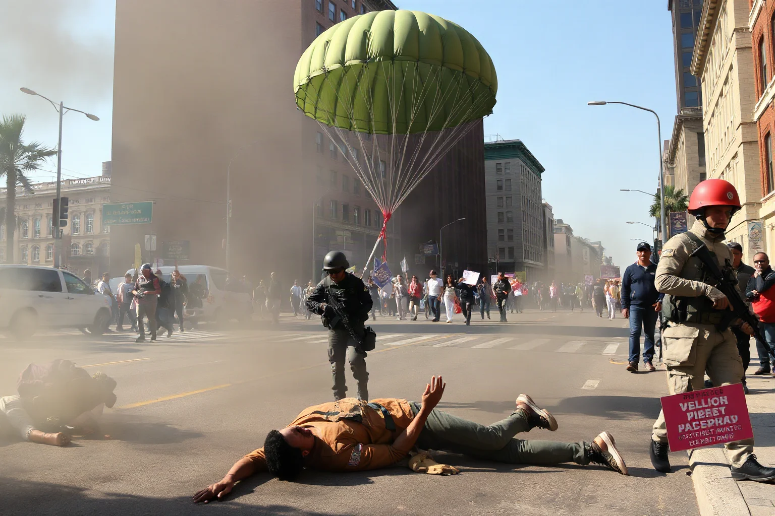 A peaceful civil rights march on a city street suddenly disrupted by armed paratroopers, with civilians lying on the ground