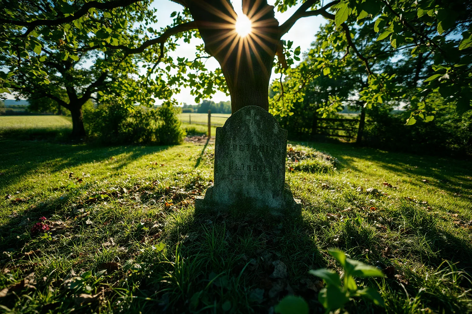 A peaceful countryside grave marker under a tree, symbolizing a natural death rather than martyrdom