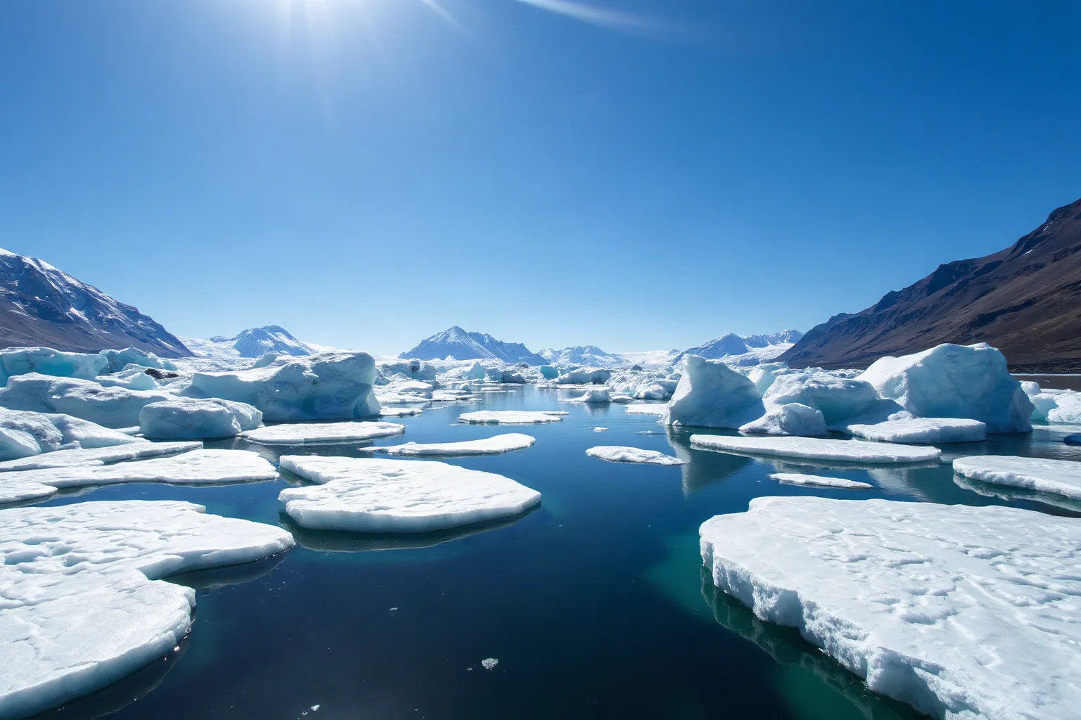 A peaceful modern glacier landscape with Antarctica-style ice caps under a clear blue sky