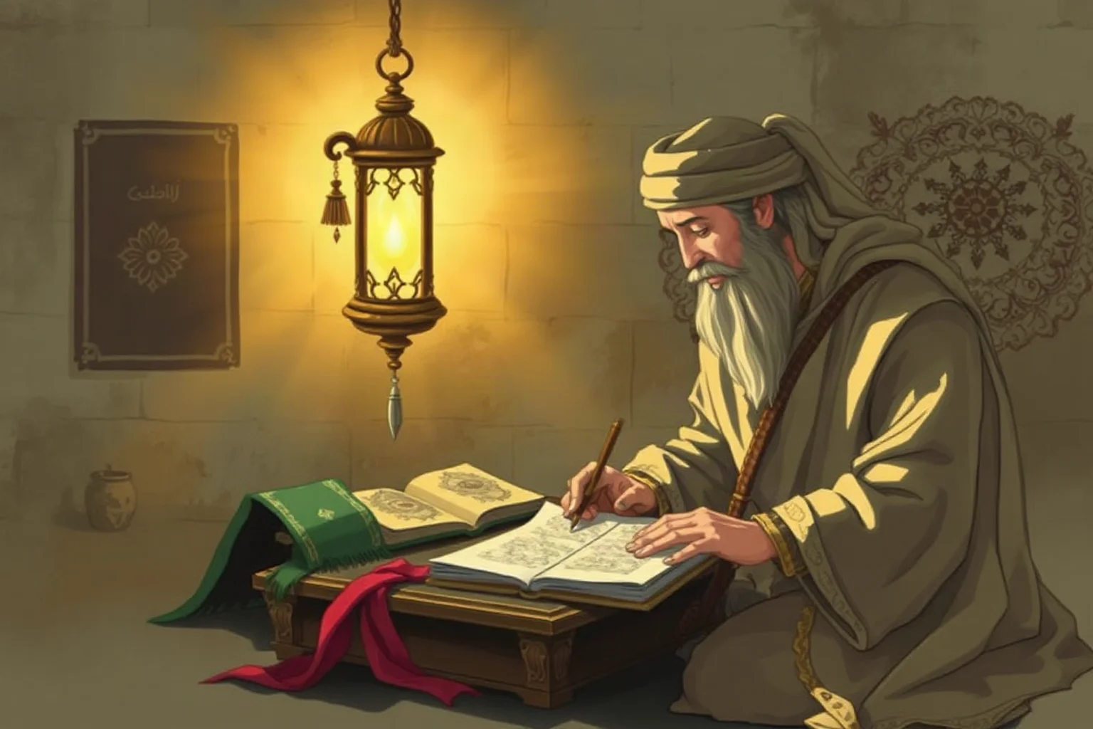 A Persian mystic poet writing by lantern light in an ornate medieval study, illustrative style