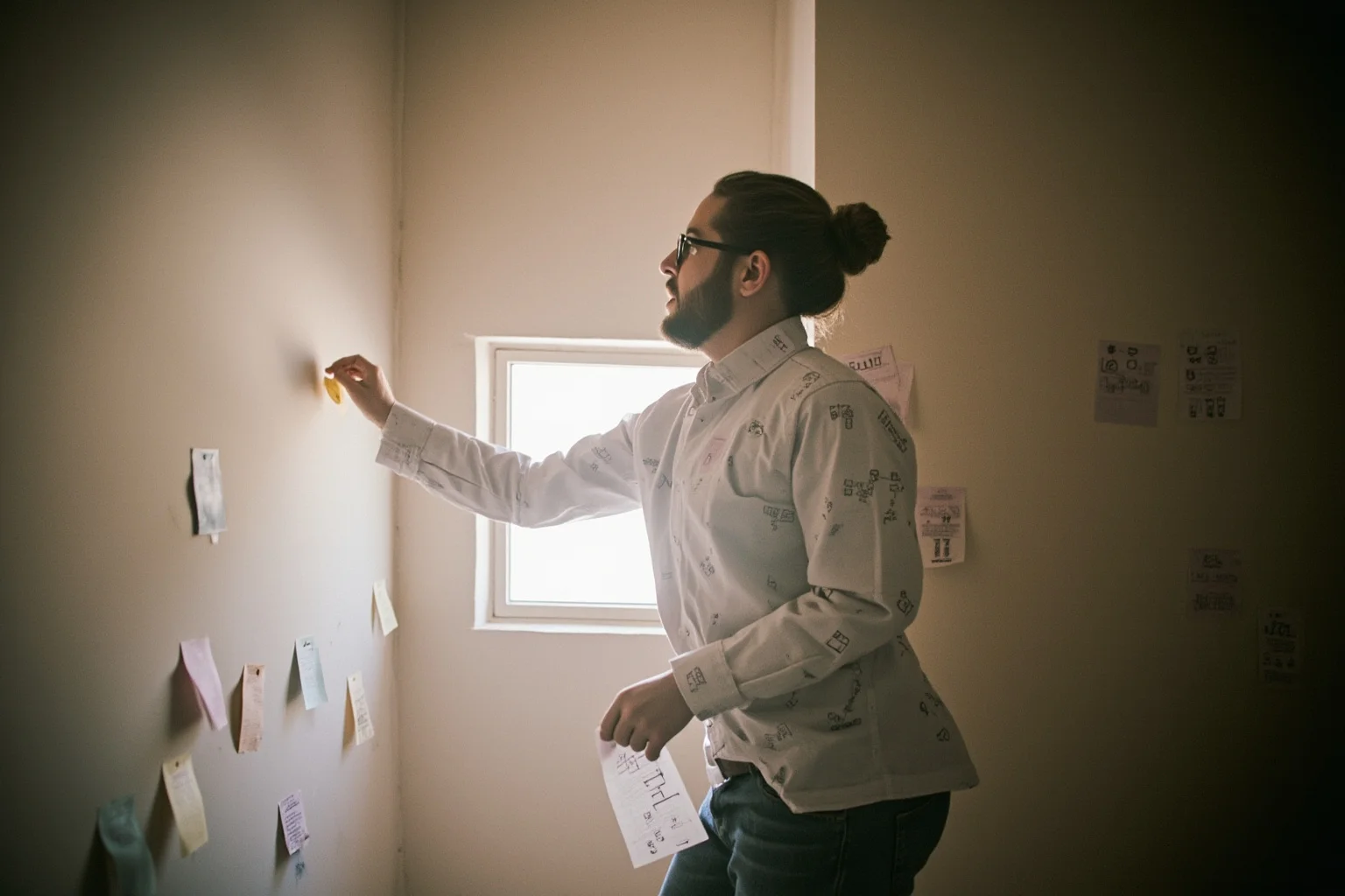 A person inside a room passing paper slips covered in unfamiliar symbols through a small window