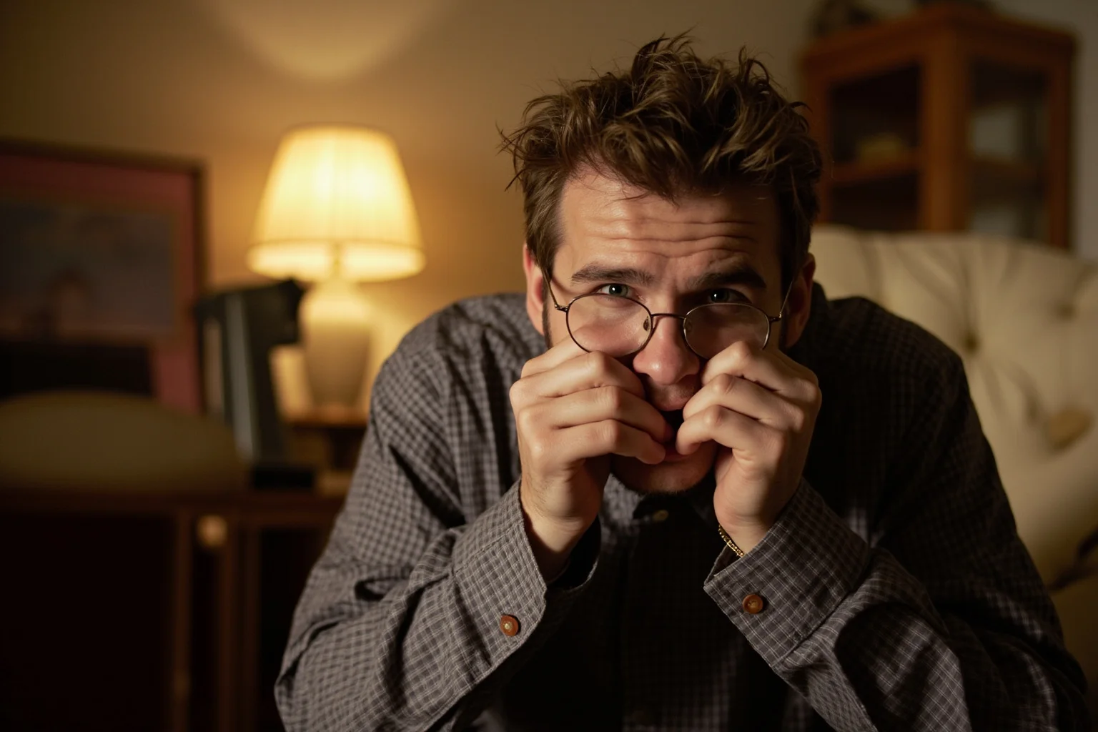 A person mid-sneeze in a cozy vintage living room setting