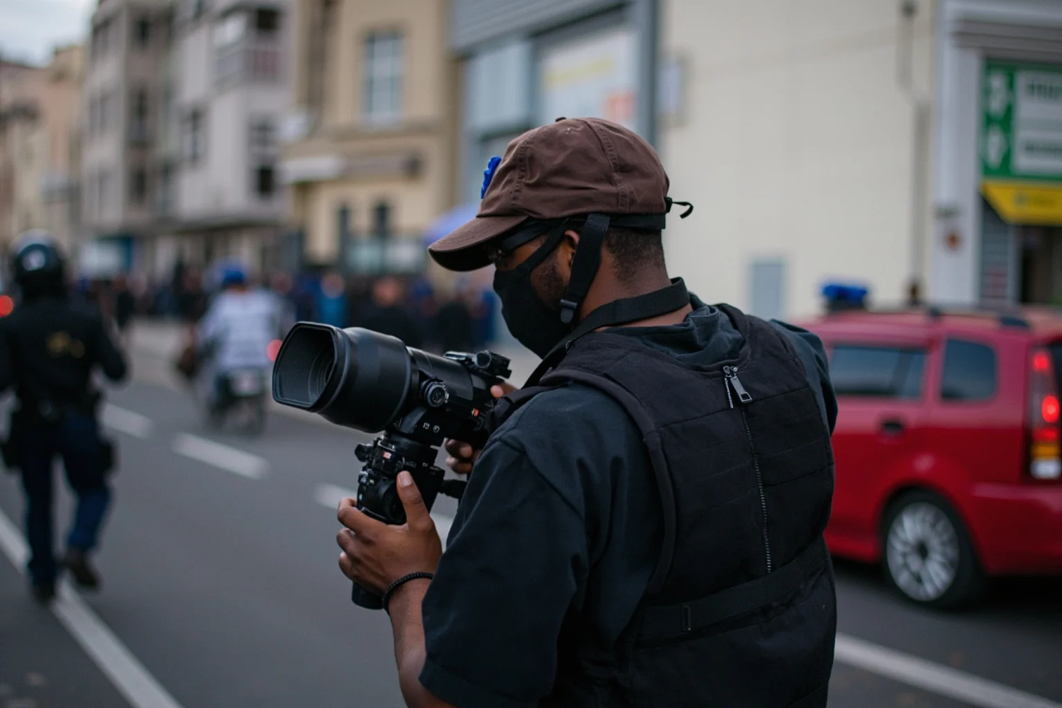 A photojournalist documenting a government crackdown on suspected criminals in an urban environment, showing police operations