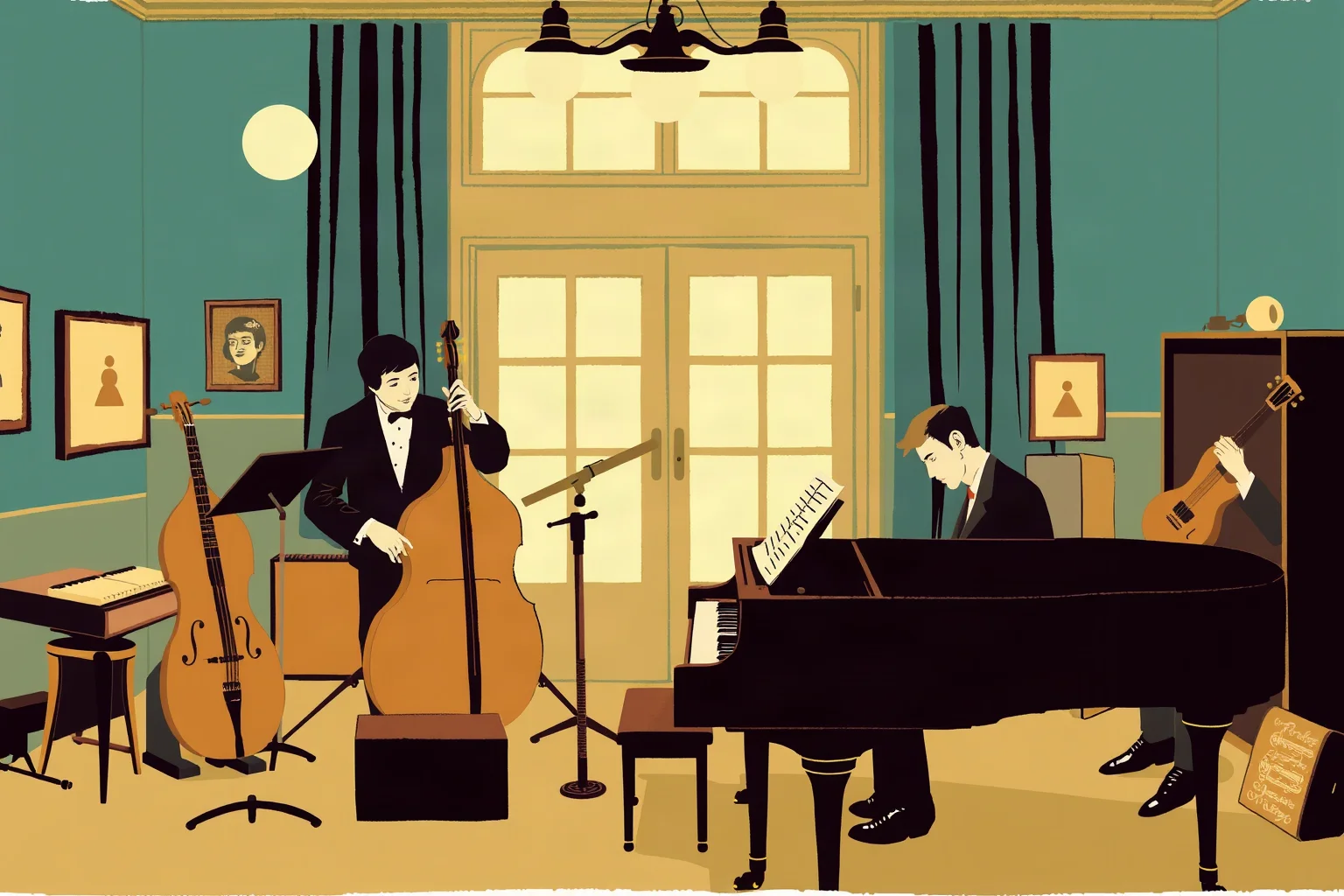 A pianist and small jazz combo recording in a 1920s New Orleans studio, vintage illustration style
