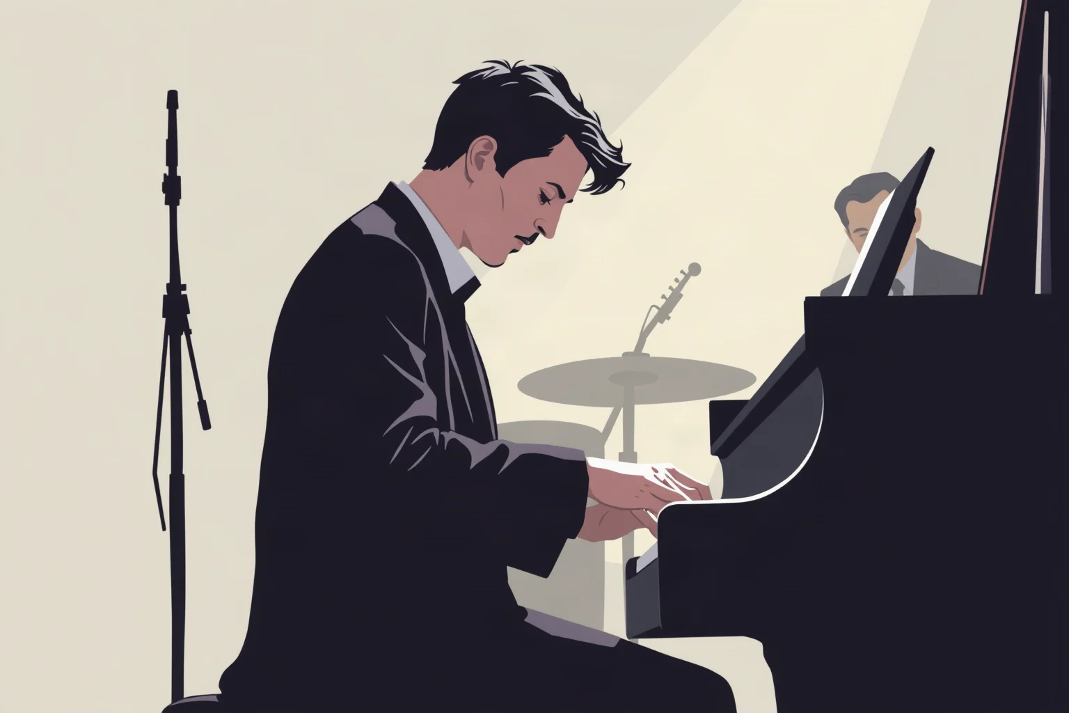 A pianist playing a delicate, introspective solo in a quiet jazz trio setting, soft lighting illustration