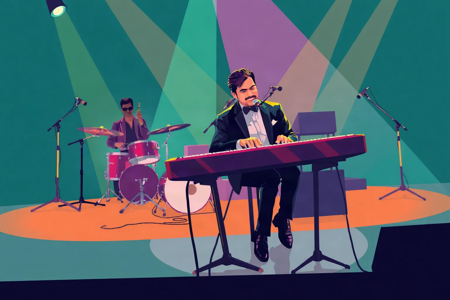 A pianist playing an electric keyboard with a funk-jazz band on a 1970s stage, colorful illustration