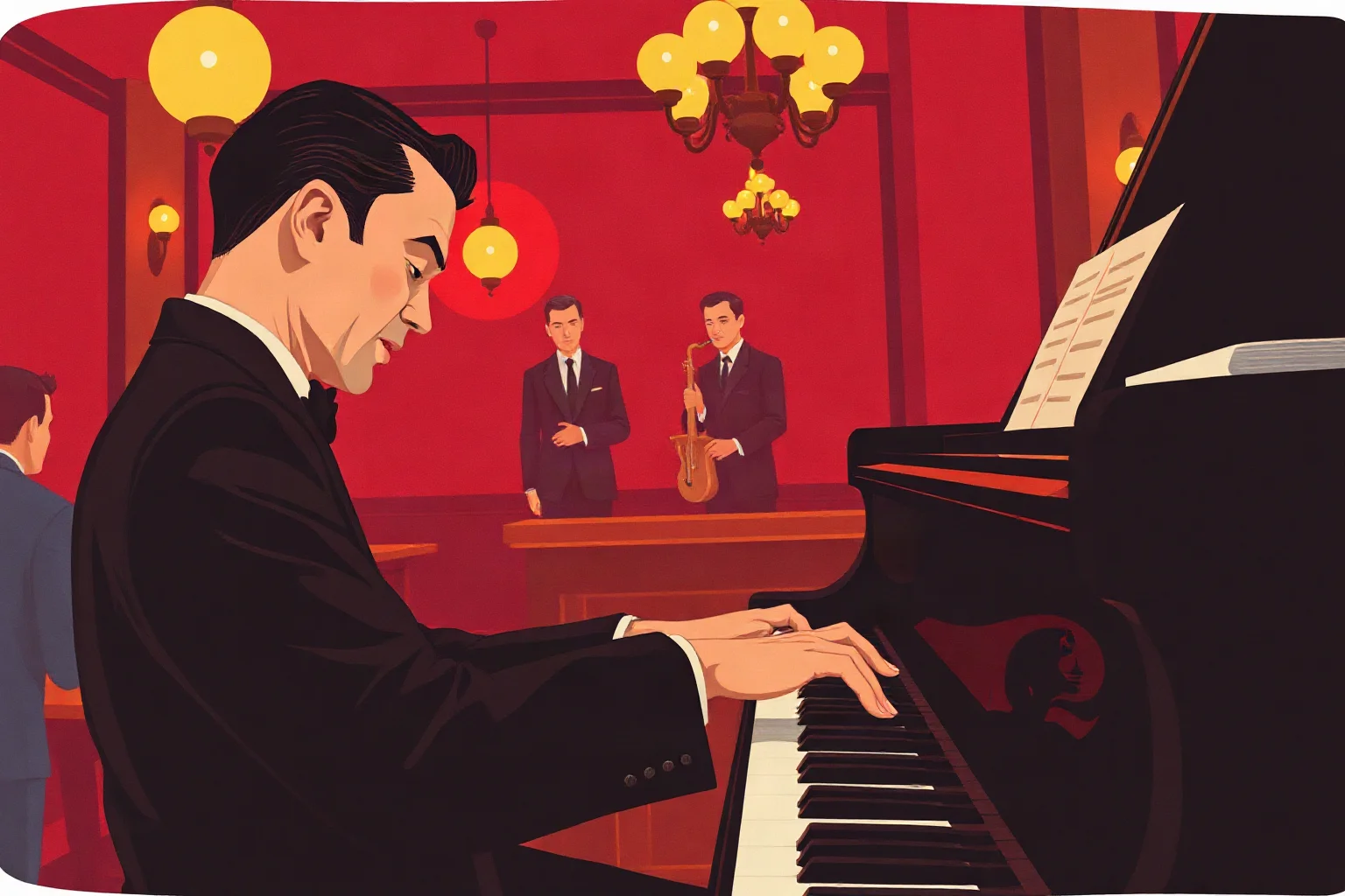 A pianist playing with unusual, angular hand positions in a dim 1950s jazz club, illustrative style