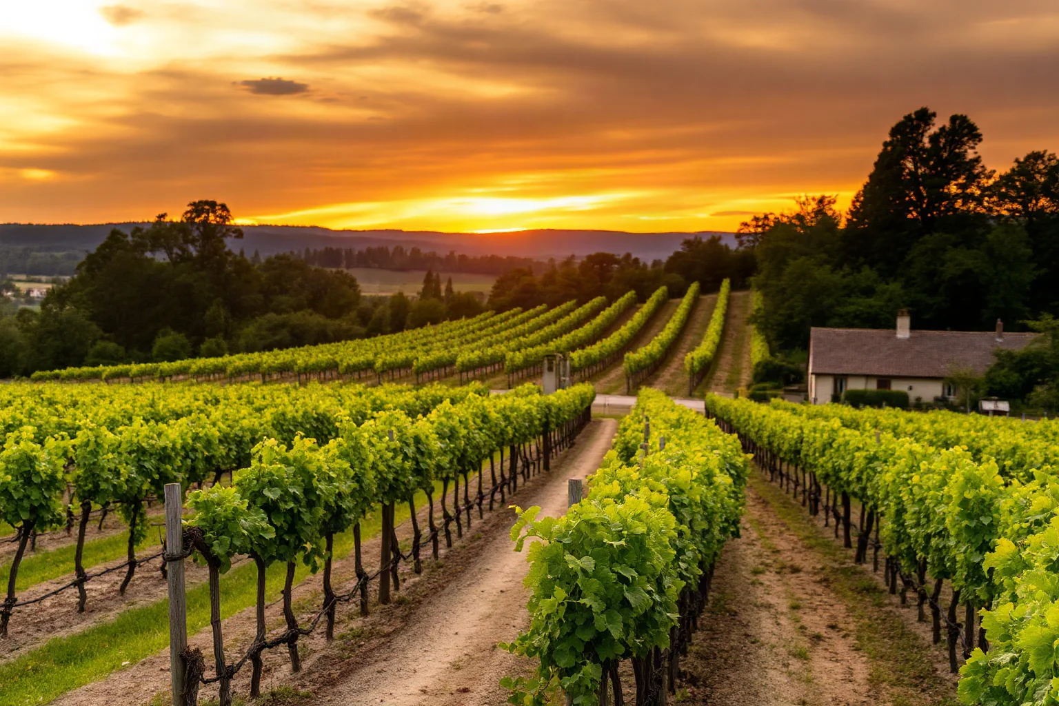 A picturesque French vineyard at sunset with rows of grapevines